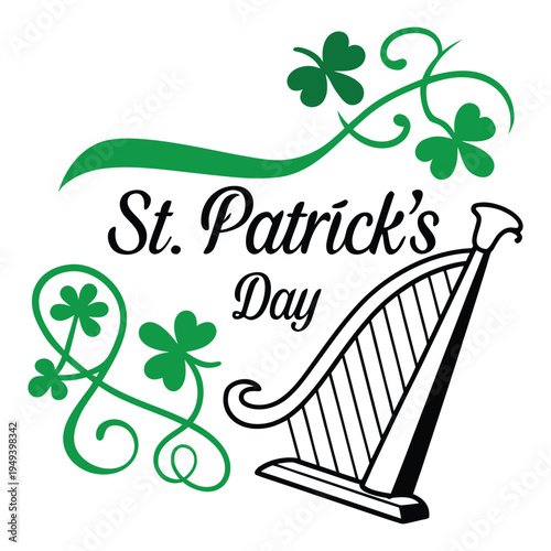 Vintage Harp with Decorative Swirls and Clovers for St. Patrick's Day