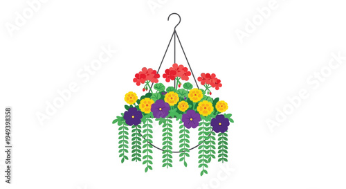 A colorful hanging basket overflowing with vibrant flowers and lush green foliage presented as a silhouette high quality professional detailed modern