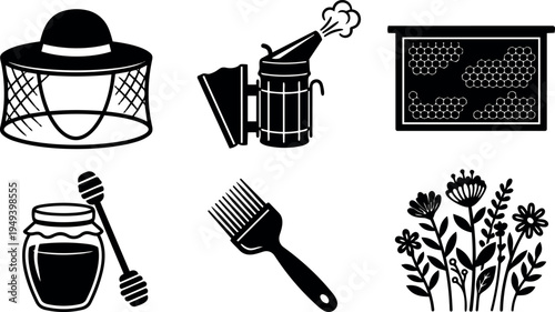 Flat design set of beekeeping tools smoke bee hat honey jar honeycomb honey dipper brush and flowers vector icons