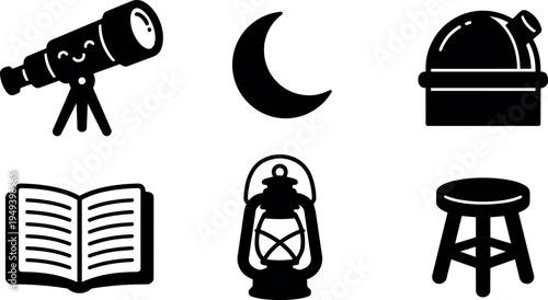 Black and white vector icons of telescope moon observatory book lantern and round wooden stool simple flat design set