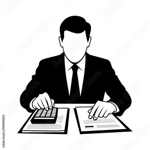 Accounting professional operating calculator with business documents. Dedicated accounting professional performs financial analysis and record keeping.