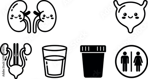 Flat design black and white kidneys bladder and urine collection cup medical icons with restroom sign simple vector art set