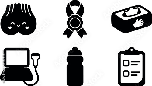 Flat design happy testicles character ribbon award box of tissues hand ultrasound machine water bottle clipboard checklist icons