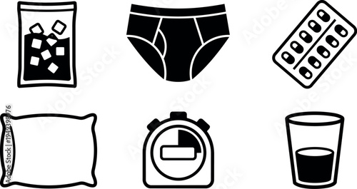 Minimalist black and white vector icons set including ice cubes bag underwear pill blister pack pillow stopwatch and glass cup