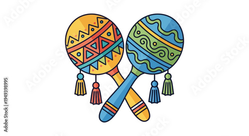Colorful illustration of two crossed maracas with intricate designs and vibrant hues presenting a bold silhouette high quality professional detailed modern