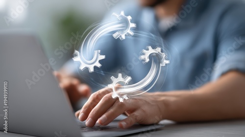 Innovation in Action: A person is shown in the midst of the technological progress, working on a laptop, surrounded by gears representing innovation.