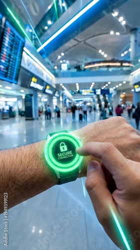 Smartwatch displaying secure connection icon in public airport terminal to protect personal data and network privacy