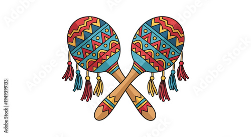 A vibrant illustration depicts a pair of crossed maracas with detailed patterns and colorful tassels silhouette high quality professional modern elegant