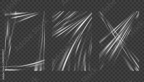 Transparent plastic wrap with realistic wrinkles with glossy overlay effect. Clear film texture perfect for modern packaging mockups and creative designs. Vector illustration