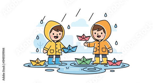 Two cheerful children in yellow raincoats play with paper boats in a puddle during a rainy day silhouette high quality professional