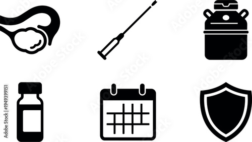 Medical vector icons depicting injection syringe calendar shield vaccine vial and female reproductive system anatomy illustration set