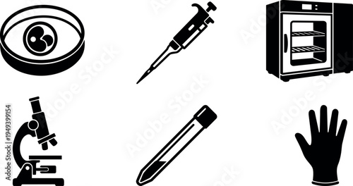 Black and white vector icons of petri dish microscope pipette test tube laboratory glove and incubator equipment for science research