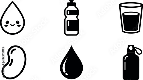 Black and white cute water drop bean shaped bottle with lid glass of liquid flat vector icons set