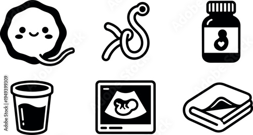 Minimalist black and white vector icons of sperm egg ultrasound embryo bottle towel representing pregnancy and fertility care concepts