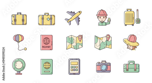 Travel icons suitcases airplane passport more