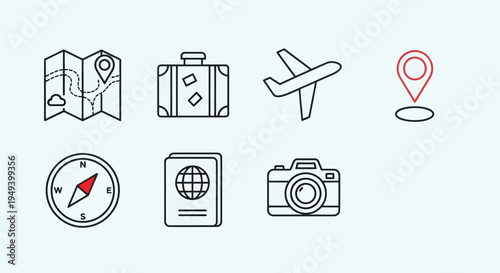 Travel icons map suitcase airplane camera
