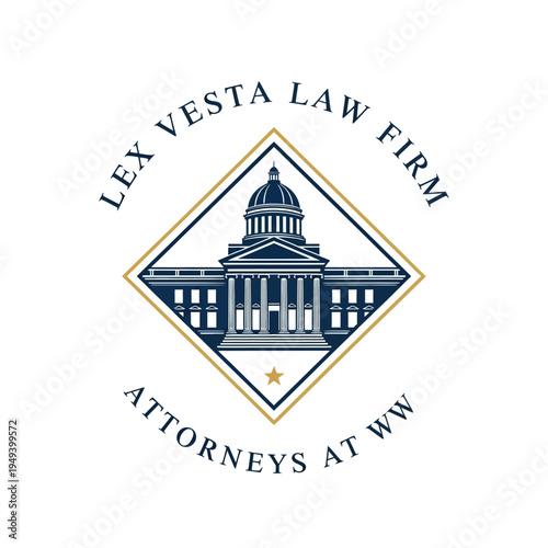 Elegant Lex Vesta law firm logo with a classic courthouse building in a gold diamond frame, representing attorneys on a dark blue background.