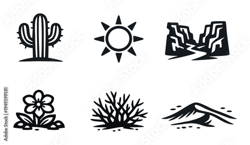Desert plant and landscape icons with sun on panel