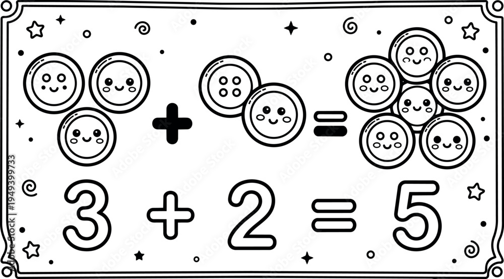Obraz premium Cute kawaii style smiling buttons math addition illustration with numbers three plus two equals five in black and white