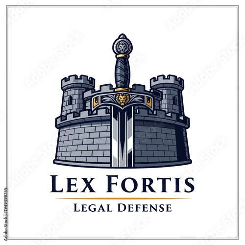 Strong castle fortress logo with large sword, symbolizing Lex Fortis legal defense and protection, isolated white background.