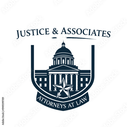 Authoritative shield logo with capitol dome and star, symbolizing justice and associates attorneys at law, isolated white background.