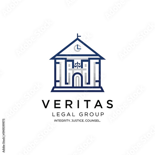 Court Building with Scales of Justice inside for Legal Group Logo, isolated white background.
