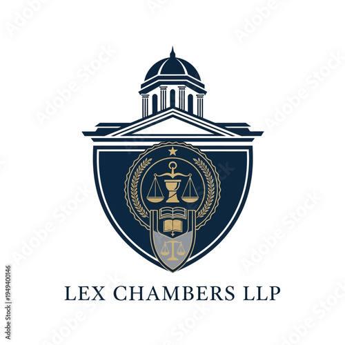 Lex Chambers LLP Logo with Domed Courthouse, Scales of Justice, Open Book, and Laurel Wreath on a Shield Emblem, Isolated White Background