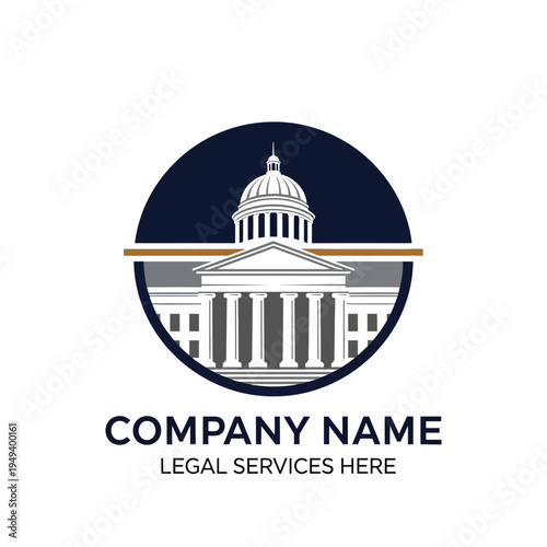 Legal Services Company Logo with Domed Courthouse Building Icon and Horizontal Lines Emblem on Isolated White Background