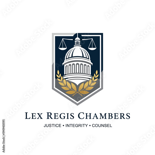 Lex Regis Chambers Law Firm Logo with Domed Courthouse, Scales of Justice, and Laurel Wreath on a Shield Emblem, Isolated White Background