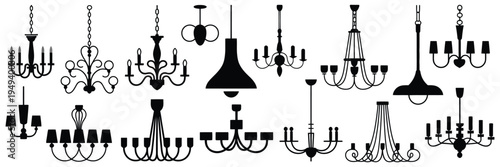 Chandelier Silhouette Collection Isolated on White Background, Elegant Hanging Light Fixtures for Interior Decoration, Luxury Lighting Design Elements for Classic and Modern Home Decor