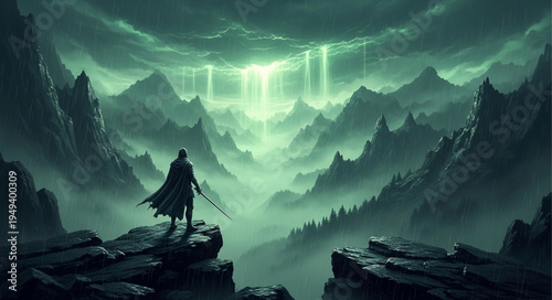 Mysterious figure stands on a cliff overlooking a foggy valley.