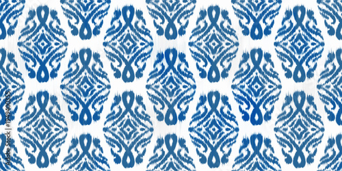 Ikat seamless blue floral pattern with geometric abstract ornament. Traditional decorative woven illustration. Vector grunge textured oriental rug motif background.