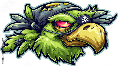 A stylized cartoon head of a green pirate bird with a red eye, eyepatch, and bandana