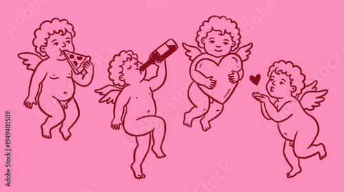 Four cute cherubs in a playful sequence, one eating pizza, another drinking from a bottle, one holding a heart, and the last blowing a kiss