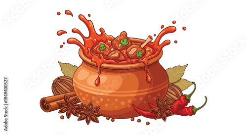 A vibrant illustration of a clay pot filled with spicy red curry and surrounding spices silhouette high quality professional detailed modern