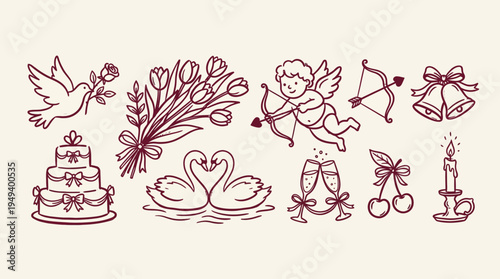 Romantic wedding icons for invitations and decorations - dove, cake, swans, cupid, cherries, bells, candle