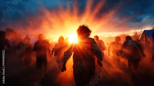 Silhouetted figures sprint towards a vibrant sunrise, symbolizing hope, new beginnings, and the energy of human determination against a stunning natural backdrop.