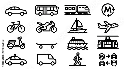 A comprehensive collection of diverse linear vector icons depicting various modes of urban and personal transportation