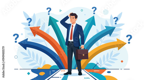 Businessman at Crossroads Faced with Multiple Uncertain Future Paths and Choices