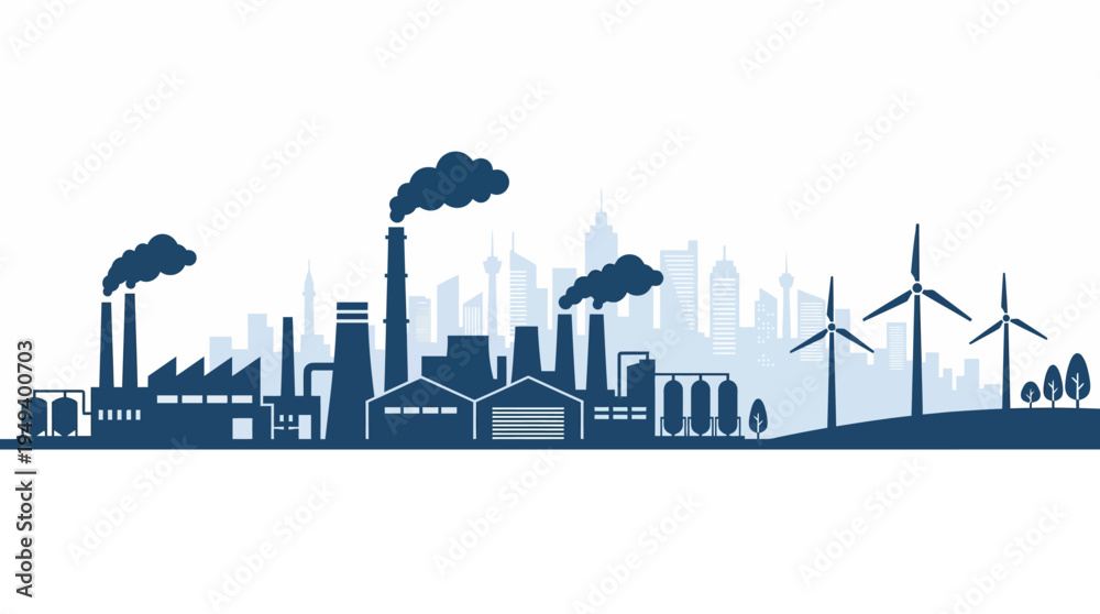 Fototapeta premium Industrial landscape with factories, smokestacks, and wind turbines symbolizing renewable energy