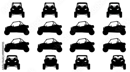 Array of monochrome vector silhouettes illustrating a compact off-road buggy from different perspectives