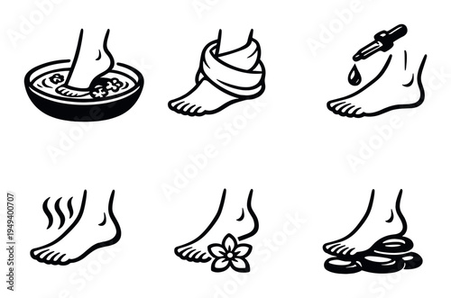Foot care and spa icons depicting treatments on dark background
