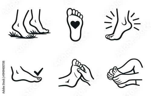 Feet and foot massage icons showing steps and care on dark background