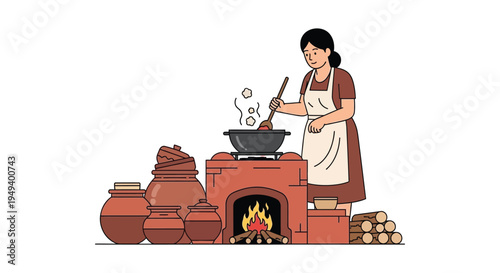 A woman cheerfully cooks over a traditional brick stove with pottery nearby showcasing a vibrant flat silhouette high quality professional detailed
