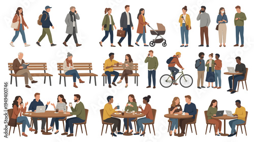 Illustrations of diverse urban people engaging in various daily activities and social interactions