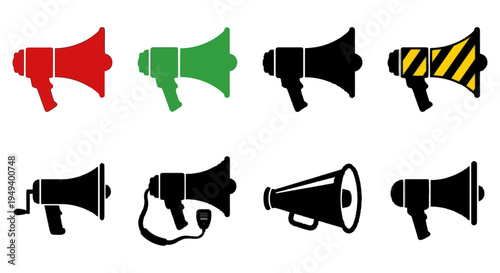 Collection of Different Megaphones and Loudspeakers in Various Colors and Styles
