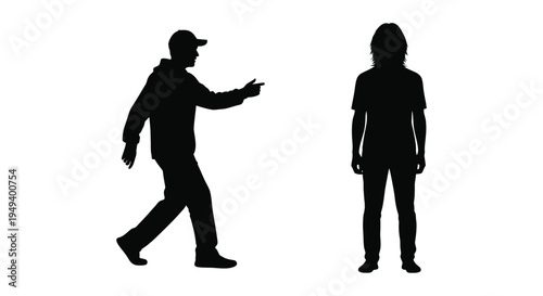 A man gestures towards a woman in a stark black silhouette
