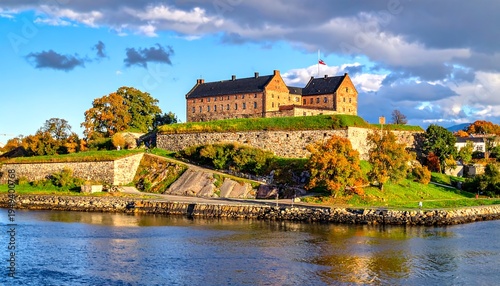 Fortress atop a walled hill, reflected in water, under a cloudy, blue sky during autumn