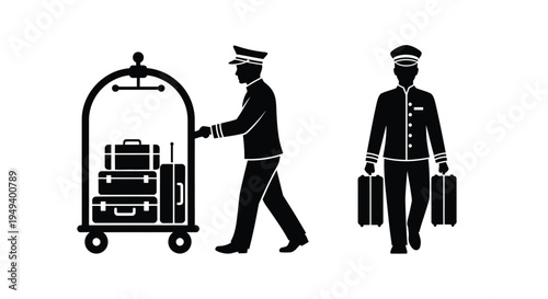 Hotel staff with luggage a bellhop and a porter silhouette