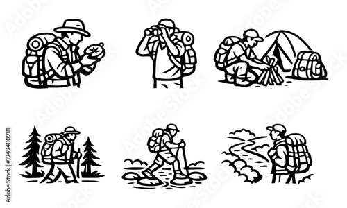 Hikers using compass and binoculars near campsite and trails